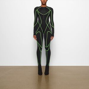 Skims Rare Limited Edition Contour Mesh Catsuit NWT Black Onyx & Neon Green